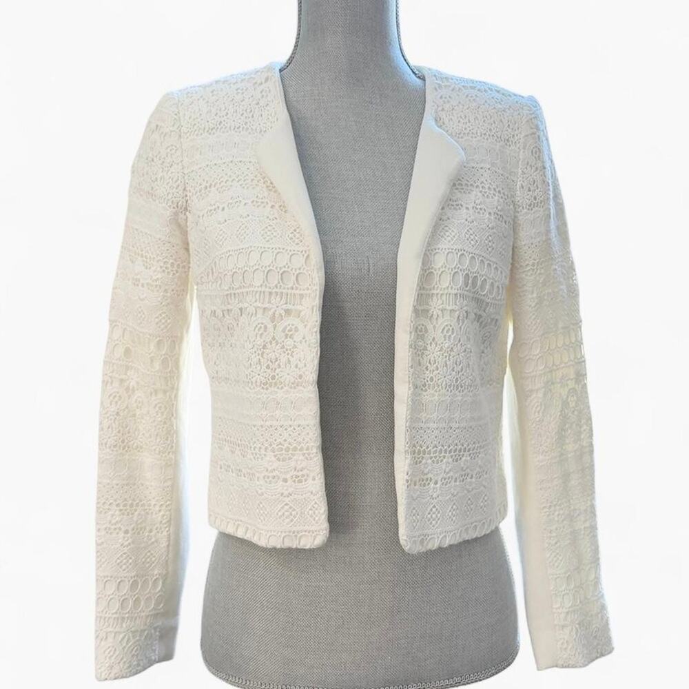 white cropped Blazer jacket Lace Crochet women small 4 workwear chic Open Front